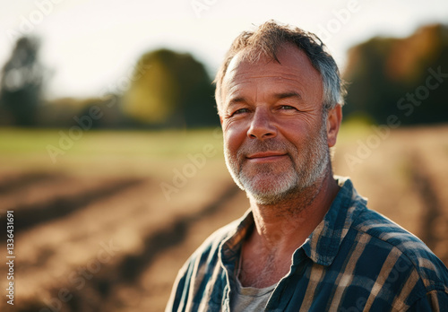 A happy farmer stands in his field, showcasing his pride in the harvest season. Sunlight illuminates the crops, reflecting his dedication to farming and nature