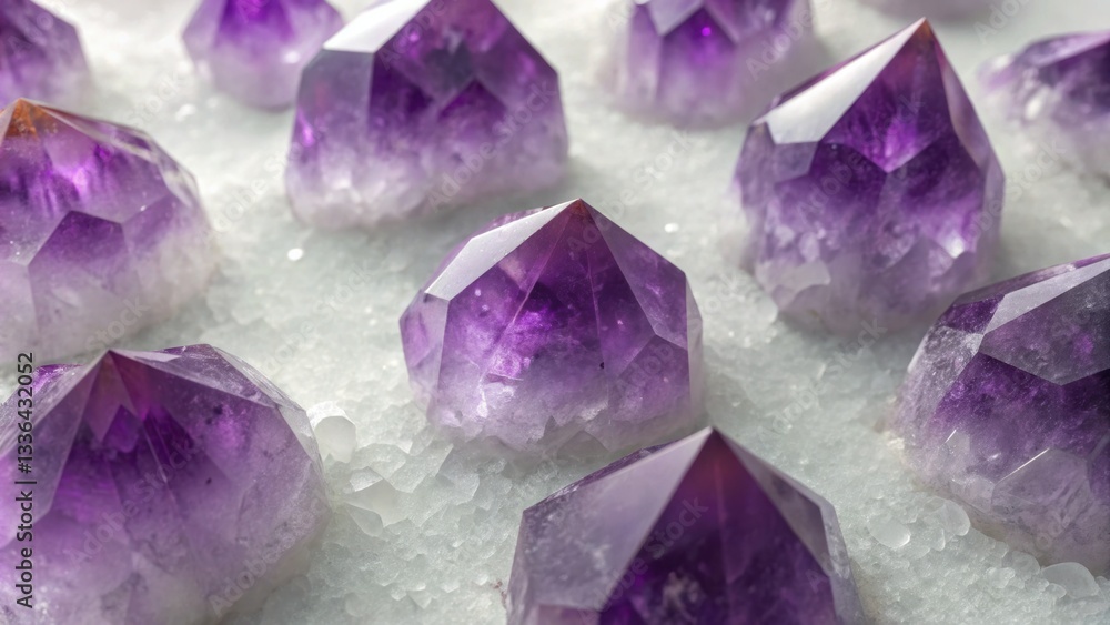 Fototapeta premium Macro lucky gems Purple crystals arranged on a light surface glisten beautifully. Lucky stone jewelry.
