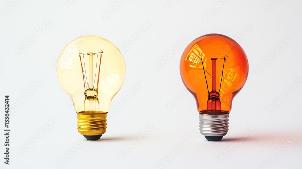 2 light bulbs on a white background, one is orange and the other is yellow, contrast between ideas being illuminated by inspiration versus a lack of creativity, marketing and advertising concept 2 light bulbs on a white background, one is orange and the other is yellow, contrast between ideas being illuminated by inspiration versus a lack of creativity, marketing and advertising concept