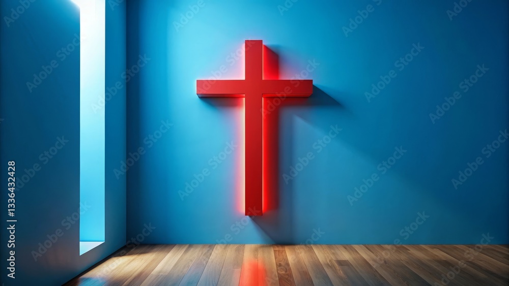 Naklejka premium A glowing red cross affixed to a vibrant blue wall within a minimalist interior space featuring a hardwood floor and a subtle light source