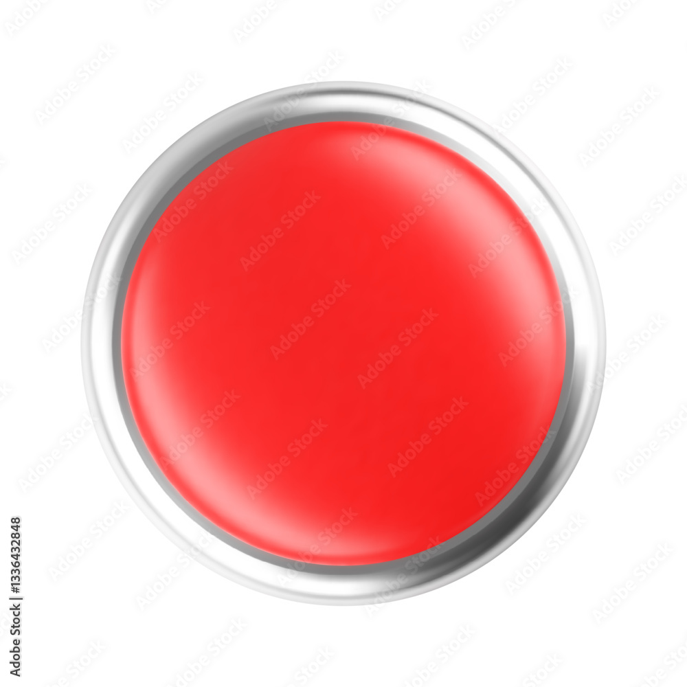Large emergency red button 3d with a metallic silver frame, isolated on a white background. Shiny surface reflects light, creating a realistic 3D effect. Symbol of warning, urgency, and control Large emergency red button 3d with a metallic silver frame, isolated on a white background. Shiny surface reflects light, creating a realistic 3D effect. Symbol of warning, urgency, and control