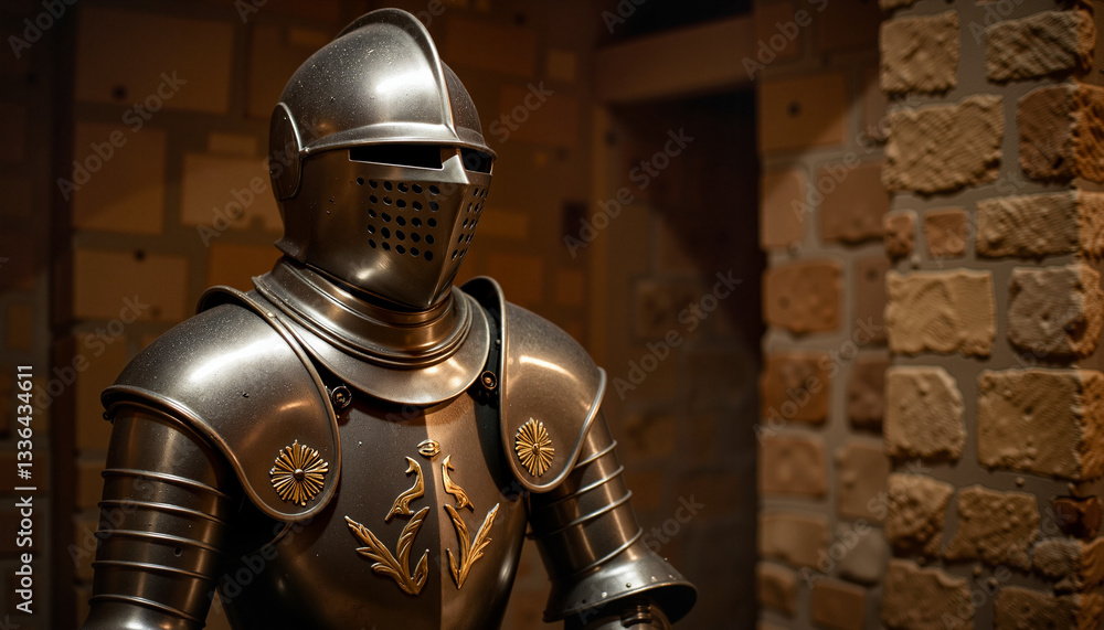 Medieval knight armor showcased in dimly lit room, historical elegance Medieval knight armor showcased in dimly lit room, historical elegance