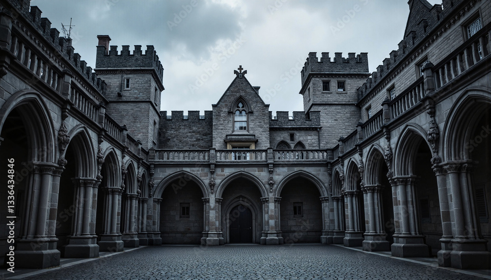 Obraz premium Gothic castle courtyard with archways under moody sky, dark ambiance