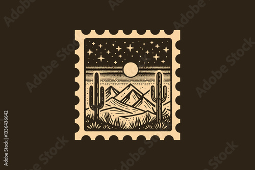 Vintage postage stamp with a desert scene, mountains, and cactus