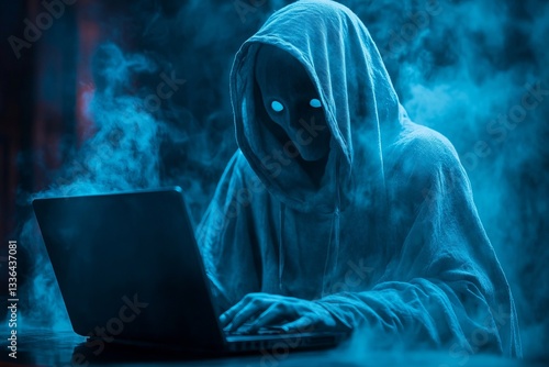 a hooded figure working on a laptop computer surrounded by smoke.