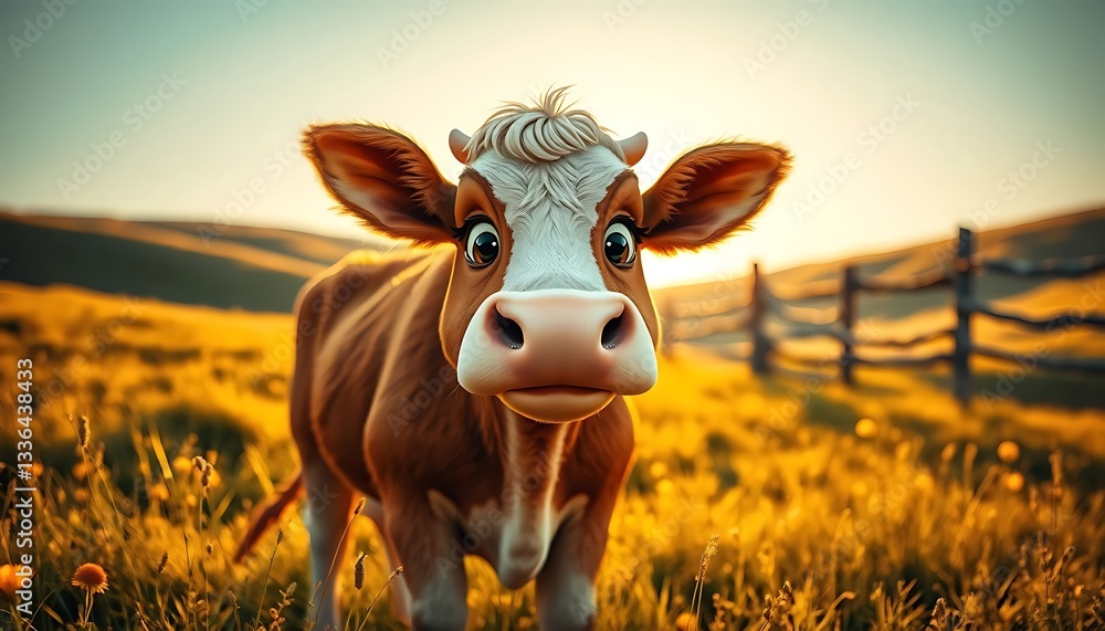 Cartoon Cow Standing in a Golden Field at Sunset Farm Animal Cartoon Cow Standing in a Golden Field at Sunset Farm Animal