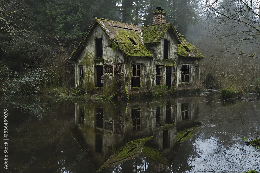 Obraz premium aged moss-draped shack buried in depths of a gloomy wetland gives off a surreal charm with its shattered blocks spectral images gliding on still pools and a vast touch of faded tales 