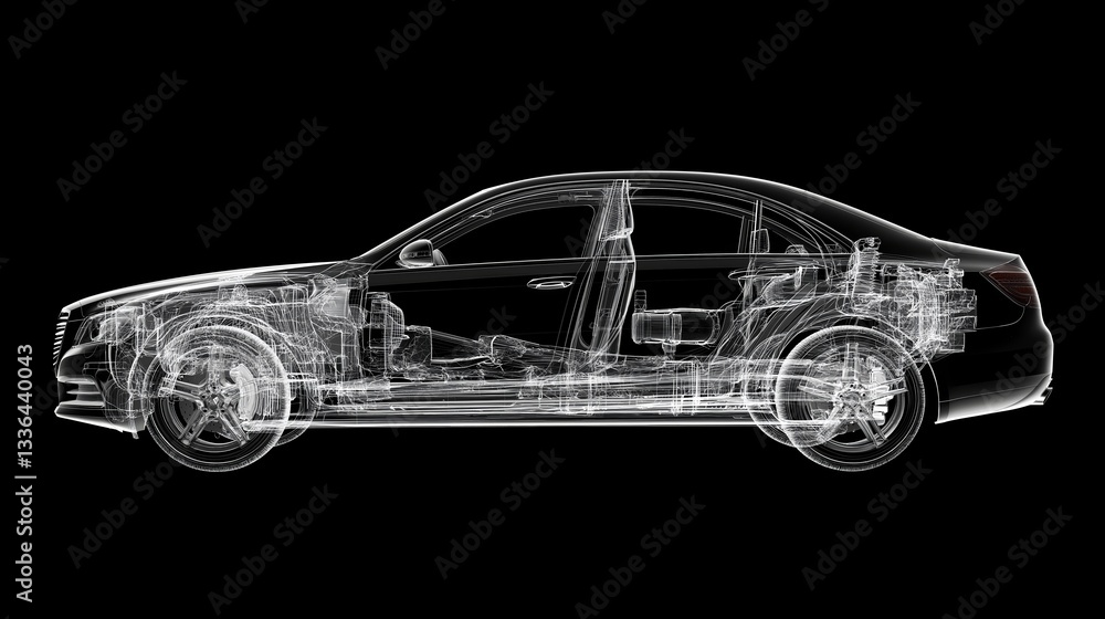 Detailed rendering of a transparent sports car showcasing internal components and engineering design Detailed rendering of a transparent sports car showcasing internal components and engineering design