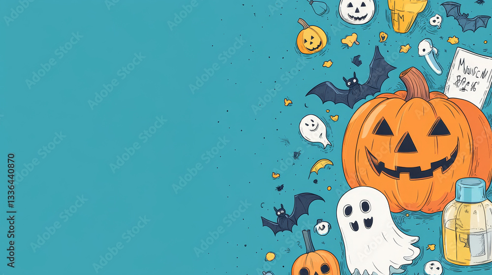 vibrant holiday scene featuring large pumpkin, playful ghosts, bats, and festive decorations, perfect for horror themed party. colorful elements vibrant holiday scene featuring large pumpkin, playful ghosts, bats, and festive decorations, perfect for horror themed party. colorful elements