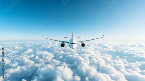 Airplane soaring above fluffy clouds, bright blue sky, travel adventure, freedom in the open air, serene escape scene.