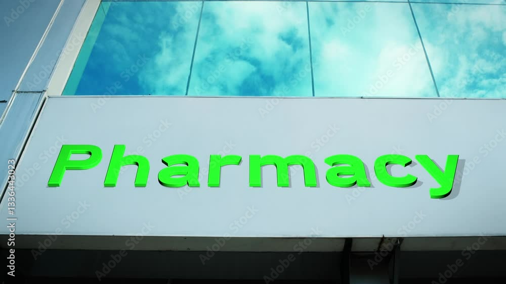 Pharmacy sign on a modern building with a reflection of the sky on glass windows, symbolizing healthcare, medication, and public service Pharmacy sign on a modern building with a reflection of the sky on glass windows, symbolizing healthcare, medication, and public service