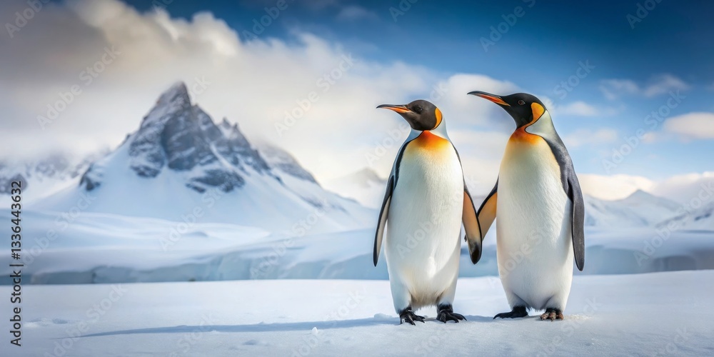 Fototapeta premium A Pair of King Penguins Stands Together on a Snowy Plain Before a Majestic Mountain Range Under a Vivid Blue Sky