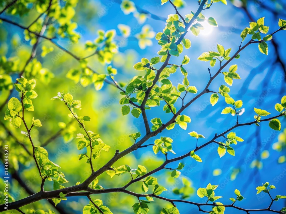 Soft focus spring branches, vibrant green leaves, bokeh against a clear blue sky. Soft focus spring branches, vibrant green leaves, bokeh against a clear blue sky.