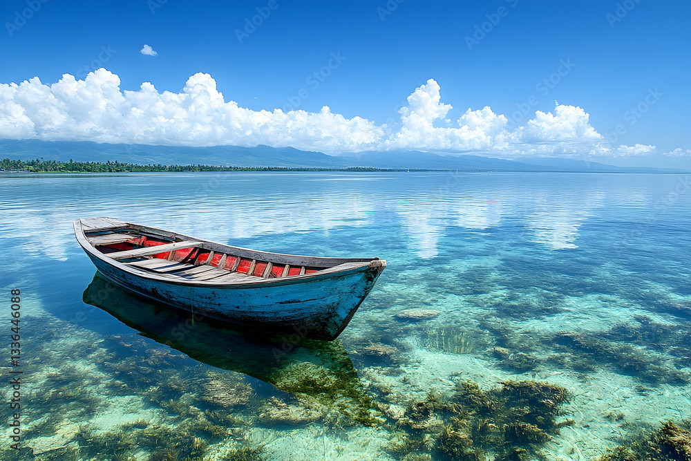 Tranquil wooden boat floating on crystal-clear water under a bright blue sky with fluffy clouds Tranquil wooden boat floating on crystal-clear water under a bright blue sky with fluffy clouds