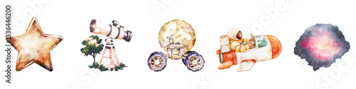 Star telescope rover astronaut rocket space cloud vector watercolor illustration set isolated on transparent background.