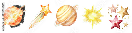 Planets and stars with saturn, shooting star, sun vector watercolor illustration set isolated on transparent background.