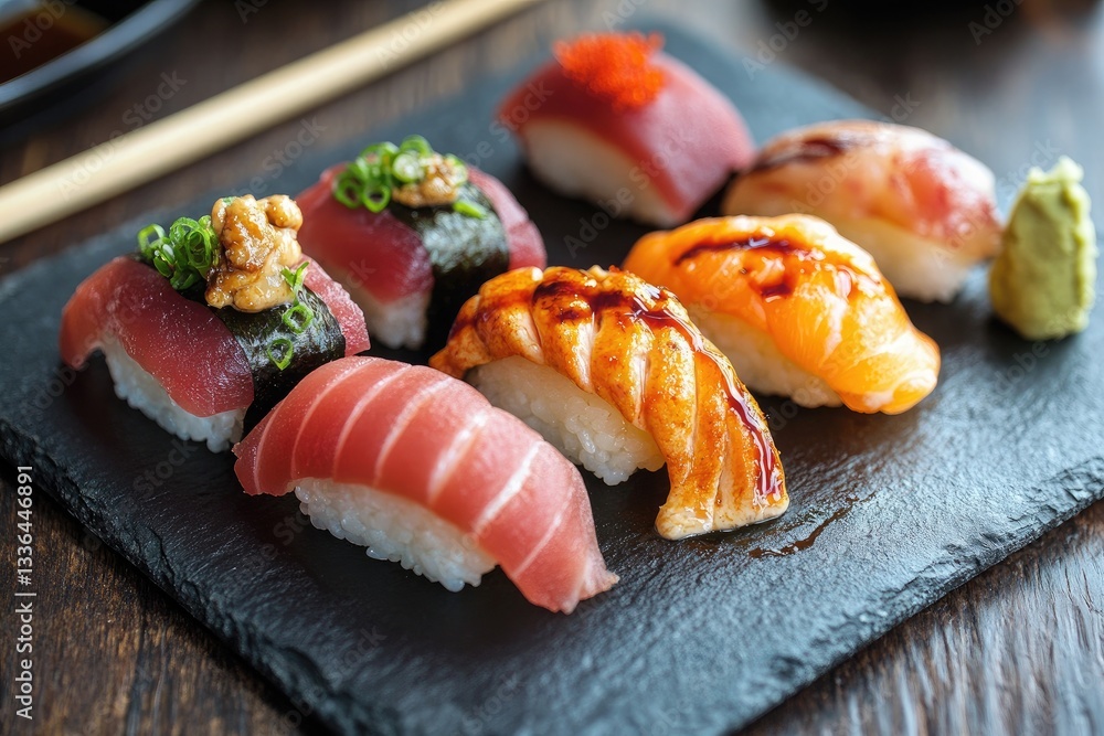 A beautifully arranged nigiri sushi platter on a dark, textured slate plate. Each piece of nigiri is meticulously crafted with glossy, fresh fish A beautifully arranged nigiri sushi platter on a dark, textured slate plate. Each piece of nigiri is meticulously crafted with glossy, fresh fish