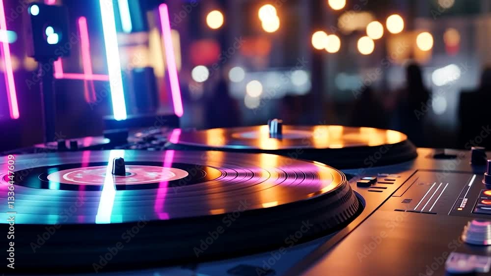 Close-up of turntables with vibrant neon lights and blurred background in a lively venue