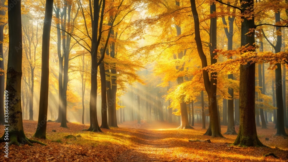 Obraz premium Golden Sunlight Illuminates a Path Through an Autumnal Forest of Tall Trees with Vibrant Yellow Leaves