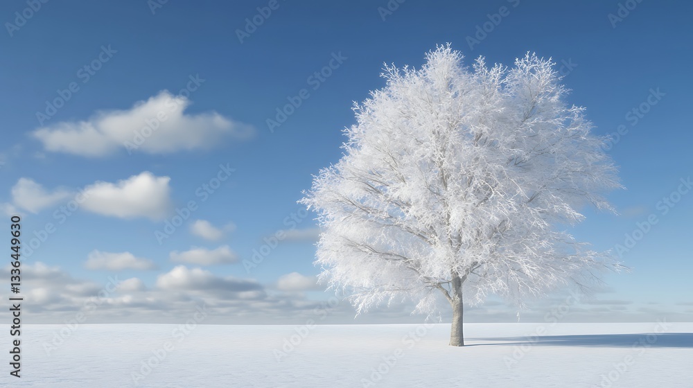 Isolated winter tree on snow-covered plain, serene winter landscape, perfect for seasonal greeting cards or backgrounds, inspiring calm, peace, quiet, tranquility Isolated winter tree on snow-covered plain, serene winter landscape, perfect for seasonal greeting cards or backgrounds, inspiring calm, peace, quiet, tranquility
