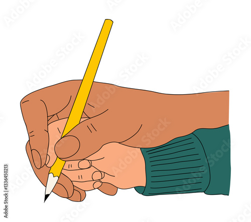 Adult hand guiding childs hand in writing with yellow pencil. The adults hand firmly supports the childs smaller hand, symbolizing education, mentorship, guidance, parental care. Vector illustration