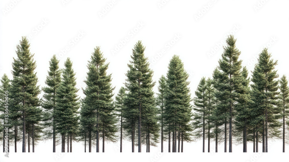 Obraz premium Evergreen trees row, isolated, forest, background white, design element