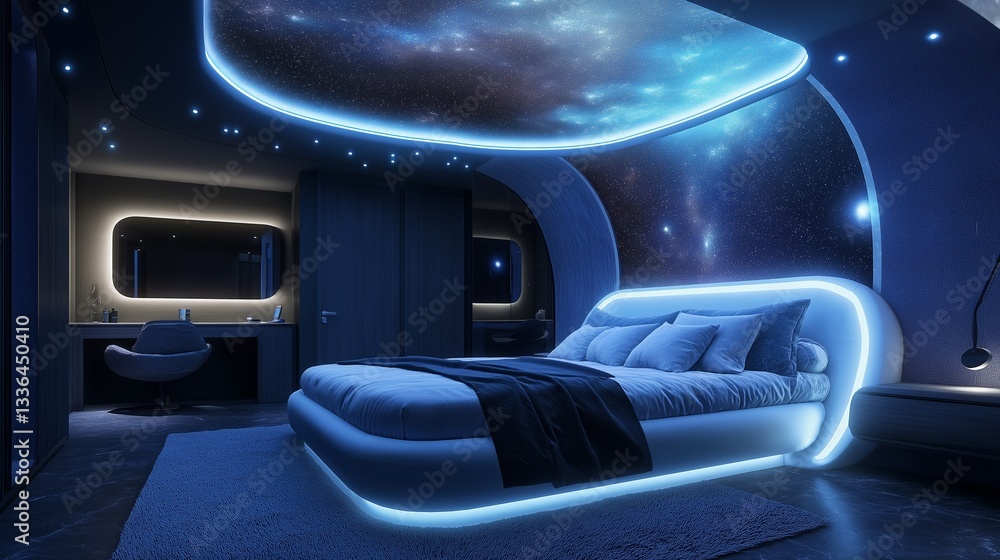 Obraz premium Cozy bedroom with night sky view and stars illuminating the serene atmosphere at night
