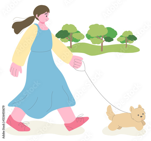 Young woman walking her dog, walking, cute hand drawn illustration / 犬の散歩をする若い女性、ウォーキング、かわいい手描きイラスト