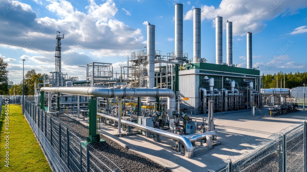 Obraz premium Modern gas processing plant, sunny day, industrial park, energy production, environmental technology