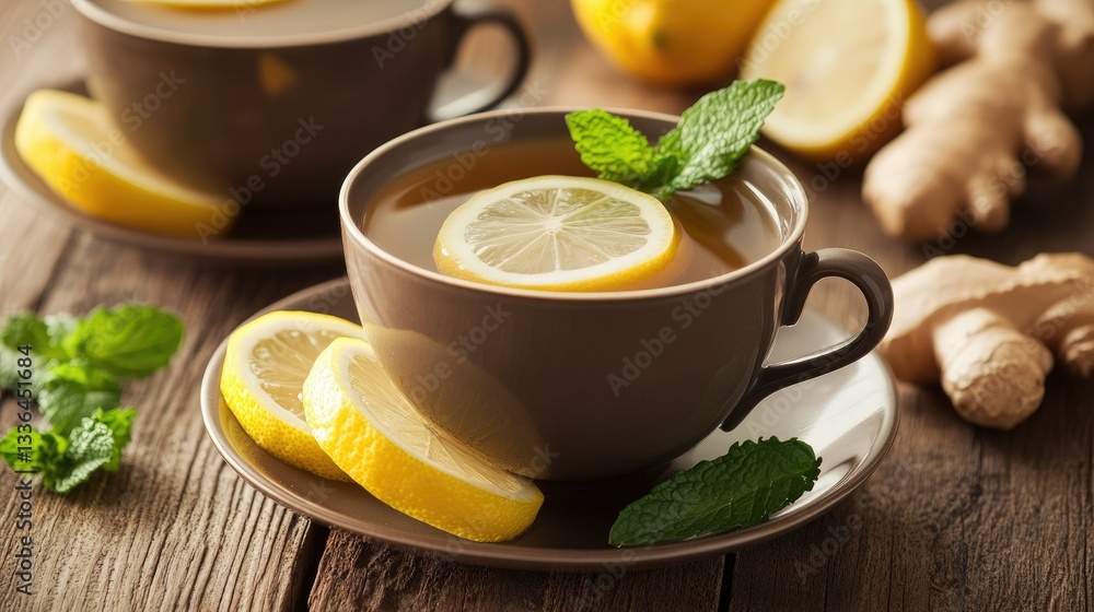 Herbal ginger tea in an elegant teacup, garnished with lemon slices and mint. Rustic wooden table enhances the natural feel. Herbal ginger tea in an elegant teacup, garnished with lemon slices and mint. Rustic wooden table enhances the natural feel.