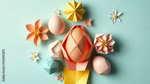 Wallpaper Mural An overhead bird’s eye view Easter greeting card photograph of intricate origami-style Easter elements, presenting a geometric and precise folded paper look.jpg Torontodigital.ca
