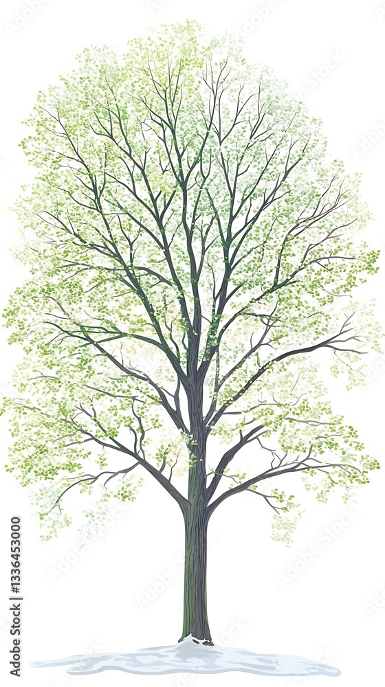 Obraz premium Spring tree illustration, isolated, snow at base, nature art, background image, graphic design