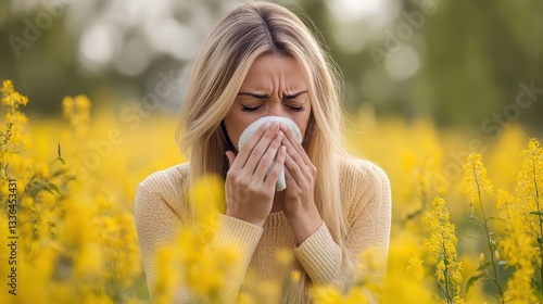 woman in ragweed field allergy. Selective focus.