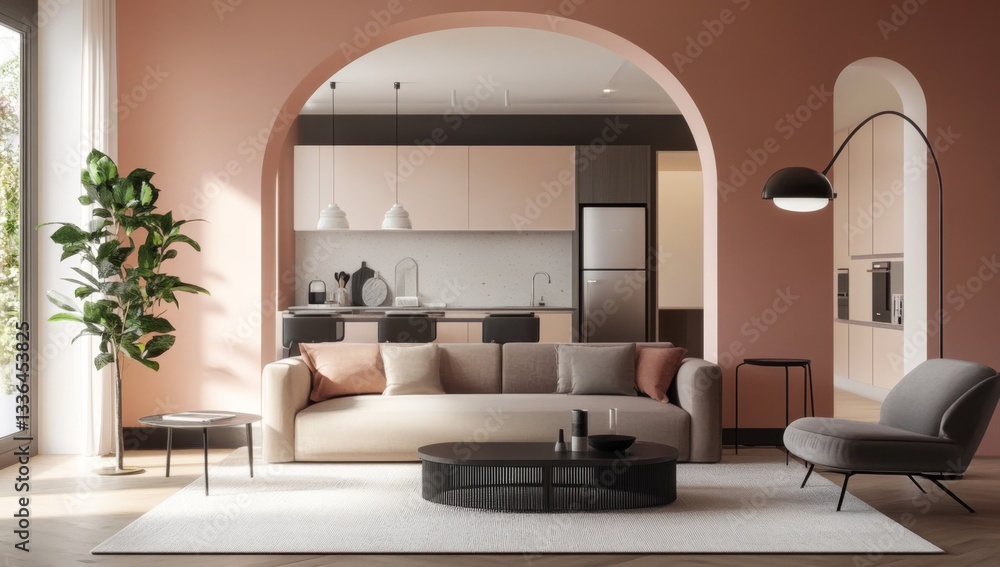 Fototapeta premium Modern open-plan living area with kitchen. Archway separates living and dining. Beige couch, neutral tones, natural light