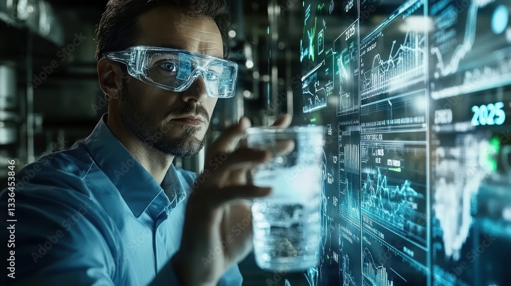 A scientist analyzes a liquid sample while observing digital displays A scientist analyzes a liquid sample while observing digital displays