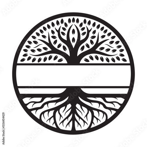 A black and white, circular, ornate design of a tree of life.