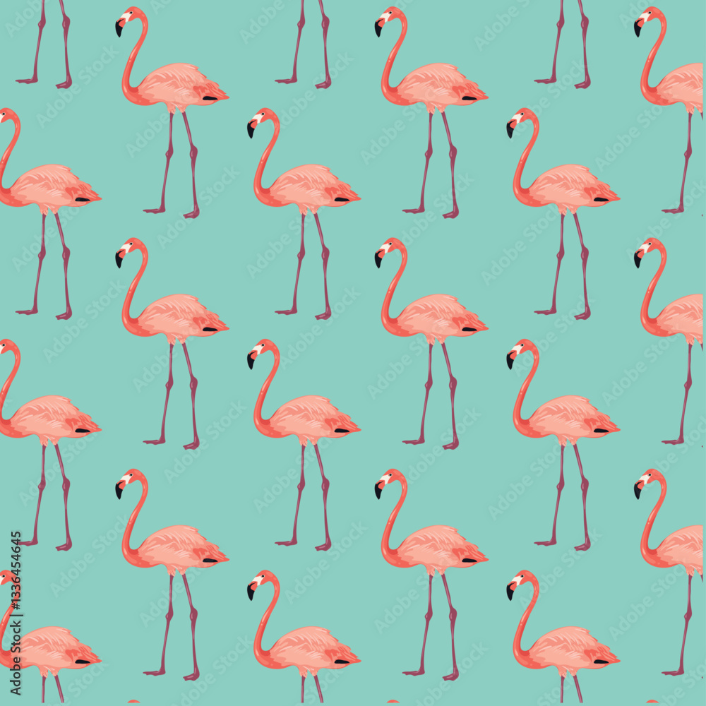 Obraz premium Summer pattern with pink flamingo. Tropical and exotic big bird on the coast. Vector background for fabric, textile, summer beach design.