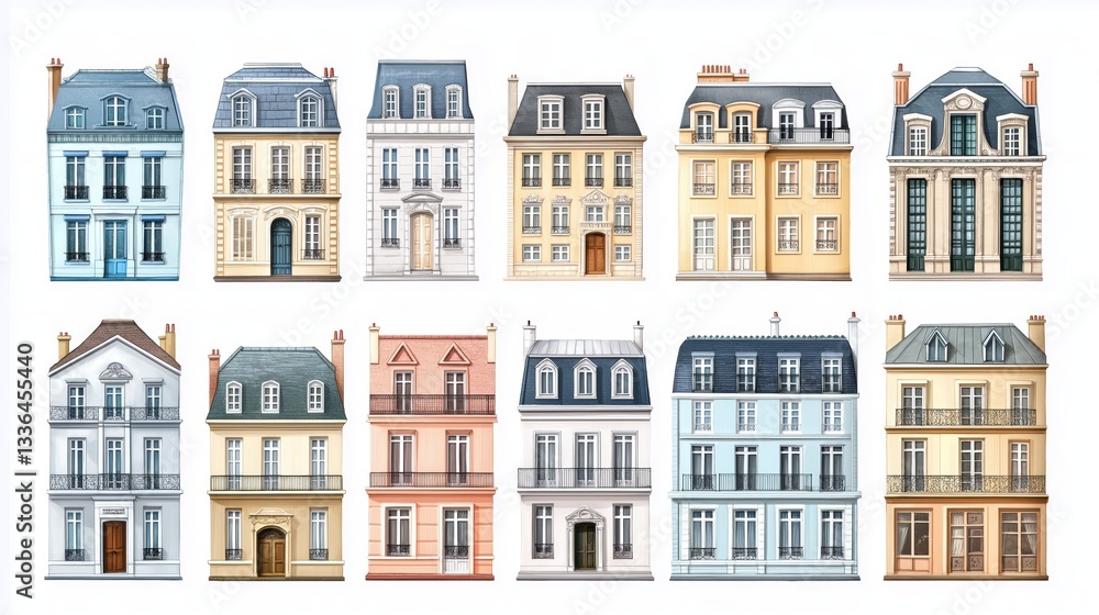 Colorful set of charming European buildings with varied architectural styles and vibrant hues Colorful set of charming European buildings with varied architectural styles and vibrant hues