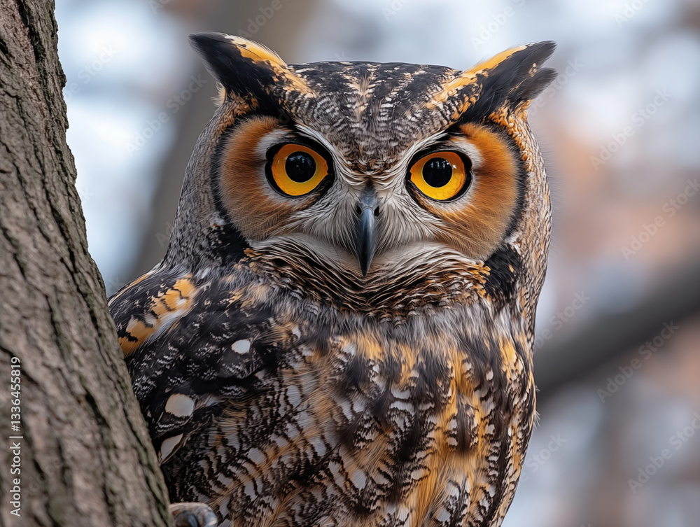 Obraz premium A striking photo of an owl, showcasing its intense gaze and intricate feather patterns. Perfect for prints, posters, or decor, bringing the mystery and beauty of this nocturnal hunter into any space!