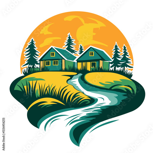 Draw a 2D logo of a retirement camp on a white background, in which pensioners come to try something new in their lives, have fun or learn something

