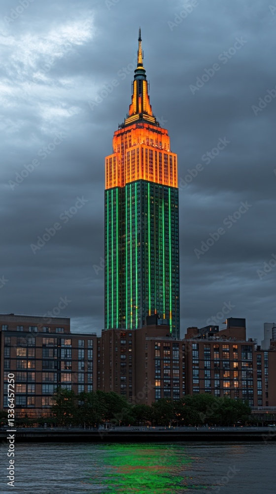 Fototapeta premium A tall skyscraper illuminated with colorful orange and green lights