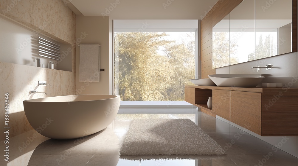 Fototapeta premium Modern Bathroom with Clean Design and Natural Light, Showcasing Simplicity and Elegance in Contemporary Interiors