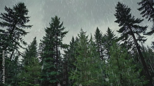 Downpour Rain in Coniferous Forest