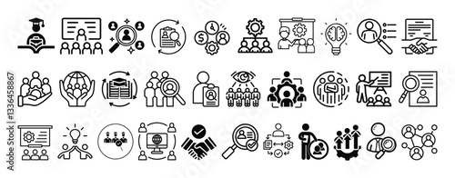 Human Resource, Employee Management, Hiring, Recruitment, Corporate and Training Programs icon set collection vector design.