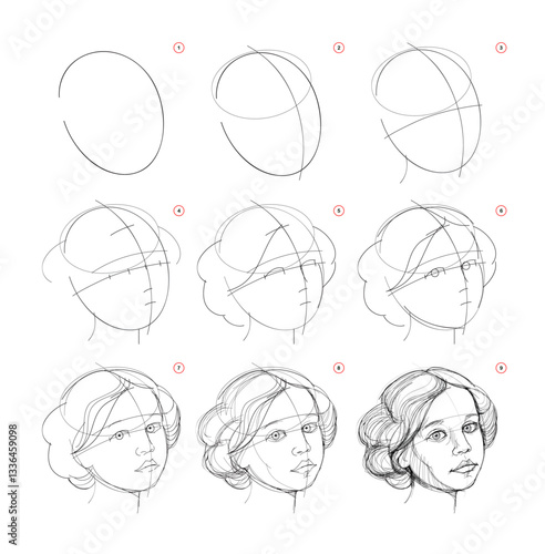Pencil drawing lessons. Page shows how to learn to draw a sketch of imaginary portrait of young woman. Educational tutorial for artists. Development of artistic skills. Hand drawn vector illustration