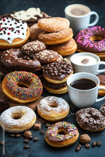 Wallpaper Mural Table with various cookies, donuts, cakes and cups of coffee on a dark background Torontodigital.ca