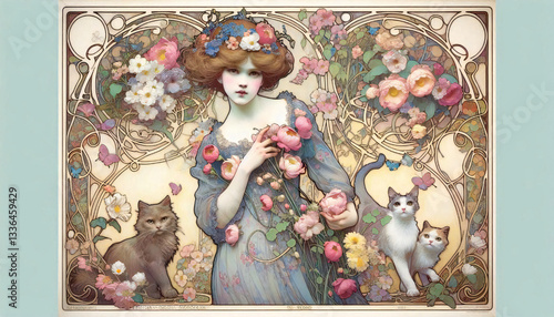 A decorative painting of a cat and a woman, generated by AI.	