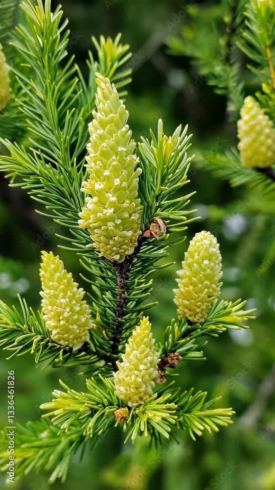New growth of vibrant green pine cones on a healthy conifer in a lush forest during springtime New growth of vibrant green pine cones on a healthy conifer in a lush forest during springtime