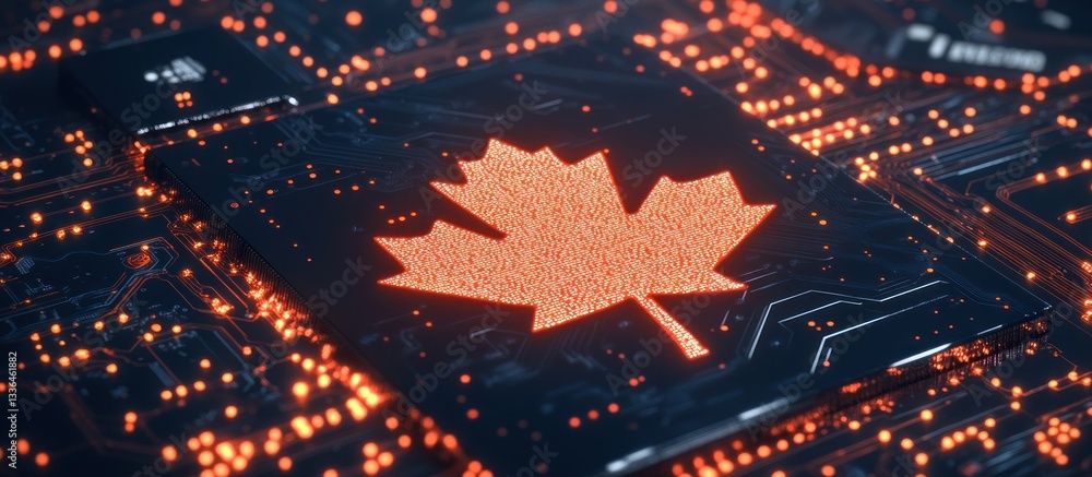 Obraz premium An illuminated maple leaf design on a circuit board surface