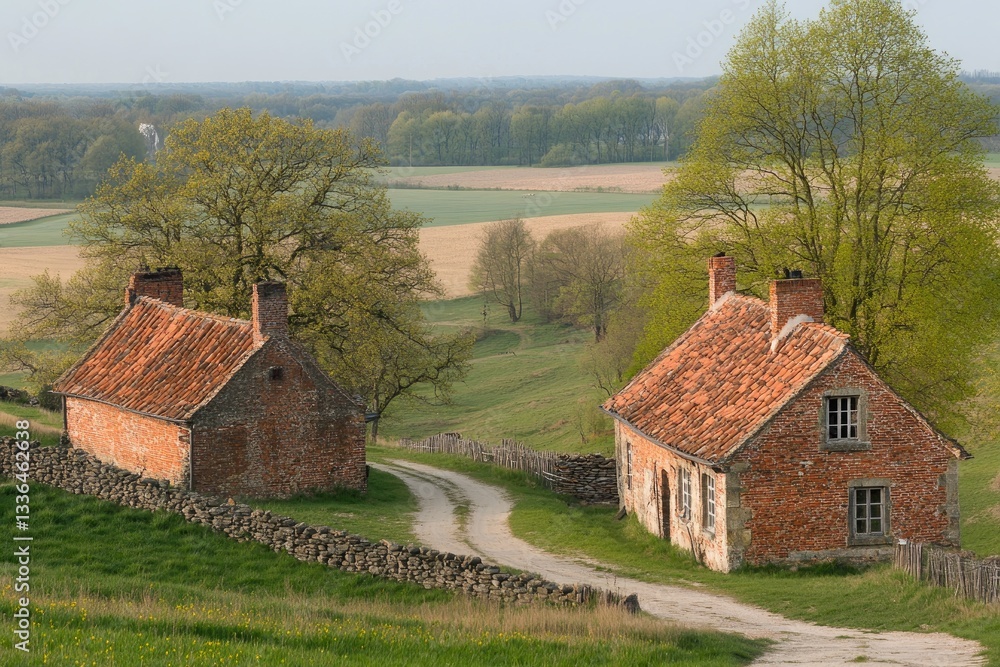 Two rustic brick farmhouses nestled in a rolling countryside landscape, with a winding road leading between them. Fields and trees surround the buildings Two rustic brick farmhouses nestled in a rolling countryside landscape, with a winding road leading between them. Fields and trees surround the buildings